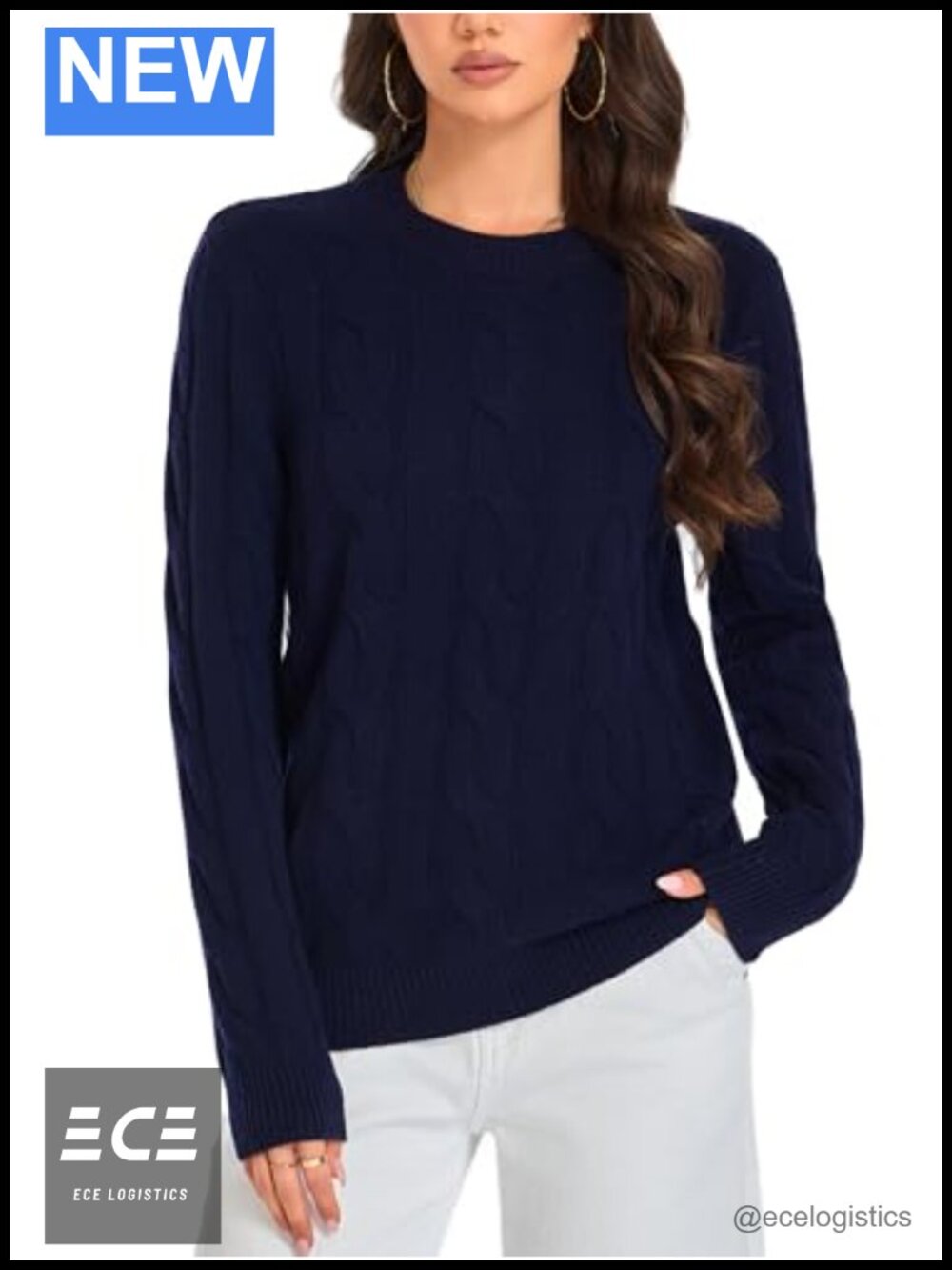 Merino Wool Cable Knit Crewneck Pullover Sweater Womens Chunky Winter Top